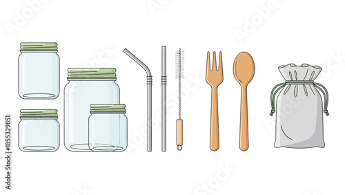 Eco-friendly set: glass jars, reusable utensils, and straw kit for sustainable living