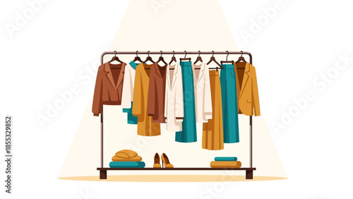 Stylish wardrobe rack with modern clothing in minimalist fashion design