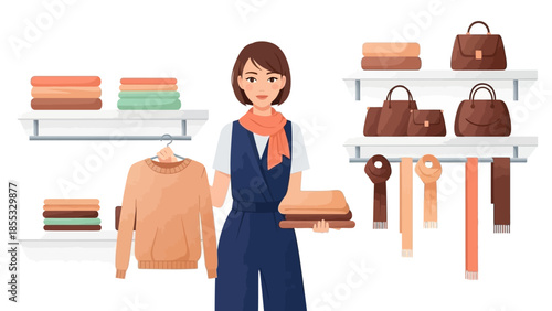 Fashion boutique shopping scene with woman holding sweater and accessories on display