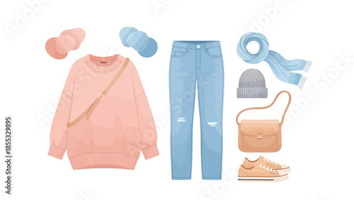 Casual autumn outfit set with sweater, jeans, accessories in pastel colors