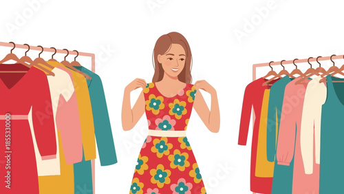 Woman shopping for dresses in boutique with colorful floral patterns and variety of styles
