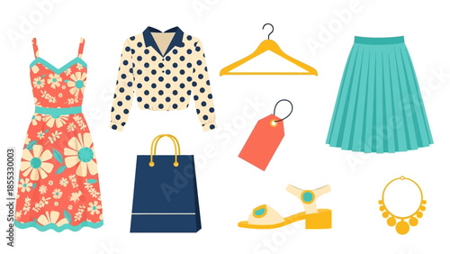 Trendy summer fashion: floral dress, polka dot blouse, accessories collection