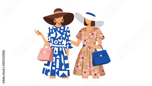 Chic fashion ladies in stylish hats and dresses holding handbags
