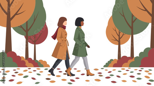 Women walking in autumn park amid colorful falling leaves and trees