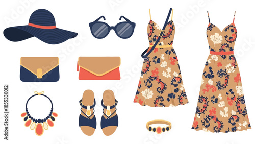 Elegant summer fashion collection with floral dresses and accessories