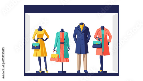 Fashion mannequins displaying colorful coats and dresses in storefront window