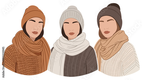 Cozy winter fashion with women in knitted sweaters and beanies