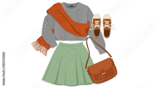 Cozy autumn outfit with sweater, scarf, skirt, sneakers, and bag