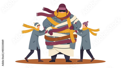 Humorous winter layering with scarves and coats in flat style