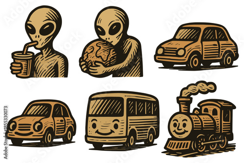 Retro style alien and vintage transportation sketches with earth and beverages
