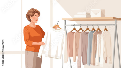 Woman choosing clothes from a chic minimal wardrobe display in a contemporary room