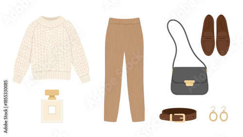 Casual elegant fashion set with accessories for women in minimalist style