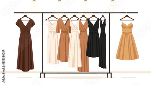 Elegant dress display on garment rack in neutral tones under soft lighting