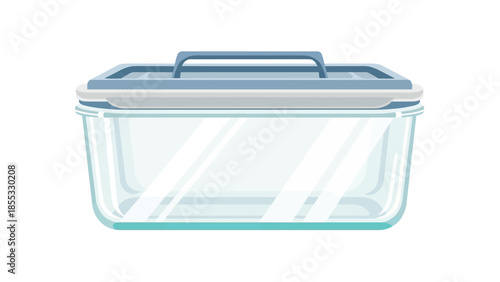 Clear glass storage container with blue lid for kitchen organization