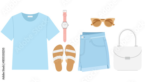 Casual summer outfit with blue t-shirt, denim shorts, and accessories
