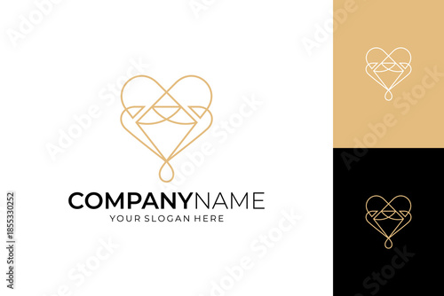 Luxury diamond jewelry logo design with heart shape combination in continuous minimalist line design style