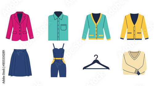 Colorful fashion apparel collection featuring jackets, shirts, dress, and sweater