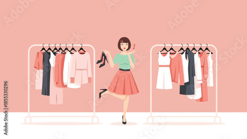Fashionable woman shopping with clothes on racks in modern flat style