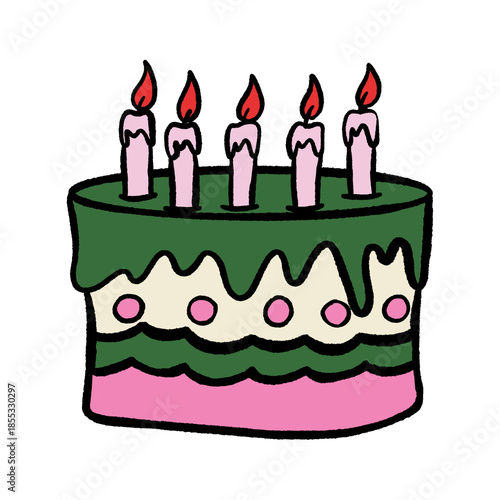 Birthday Cake Illustration with Candles and Confetti, Celebration Party Design on Black Background