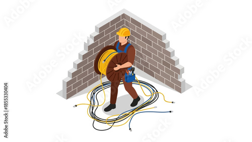 Isometric electrician with cables and tools against brick wall background