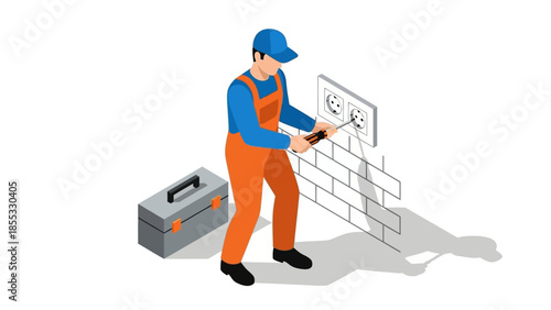 Electrician fixing outlet: isometric design of worker with tool box and socket