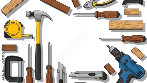 Diy tools frame with hammer, drill, and wood elements in flat design