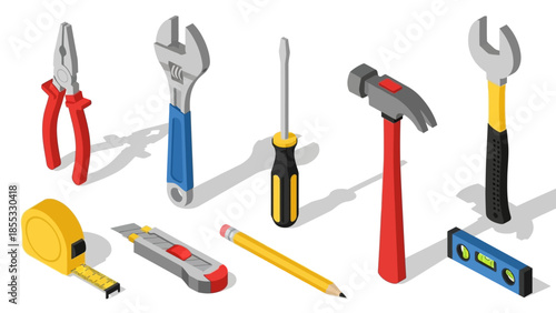 Essential hand tools: colorful isometric designs for diy and construction projects