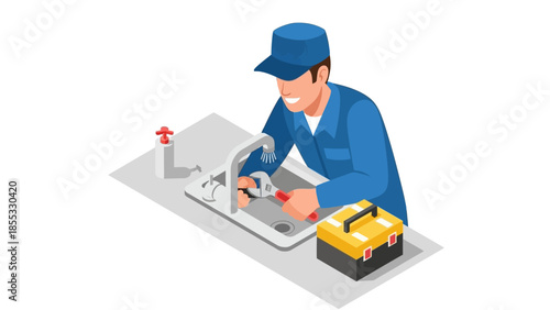 Plumber fixing kitchen sink with toolbox in isometric style