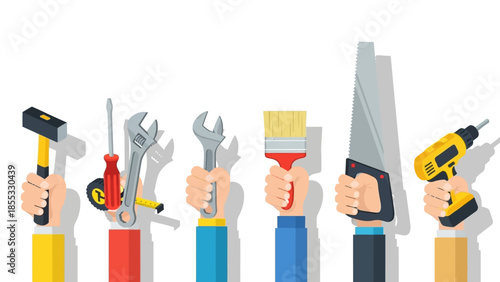 Diverse tools held by hands in flat style against white background