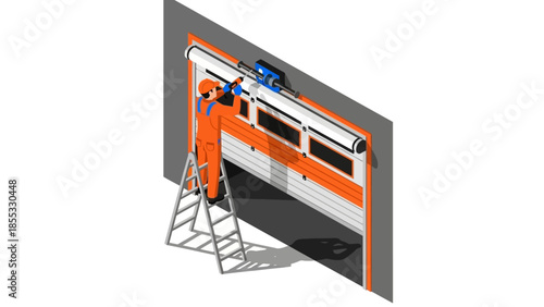 Isometric technician installing a garage door in modern workshop setting