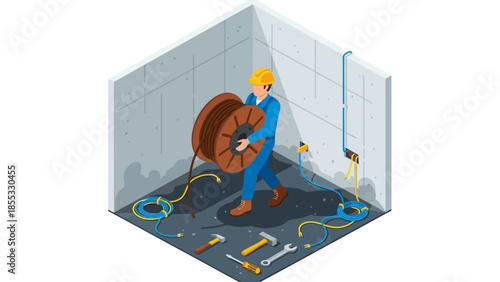 Isometric electrician setting up wiring in a corner workspace