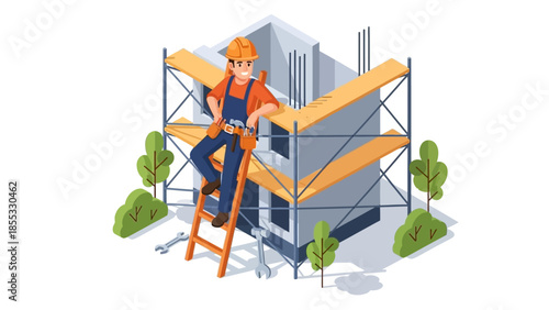 Construction worker on scaffolding in isometric style with tools and safety gear