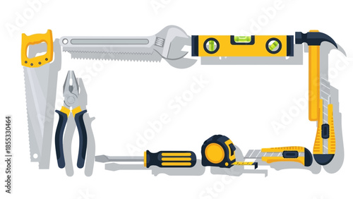 Construction tools frame featuring hammer, wrench, pliers, and more in flat design