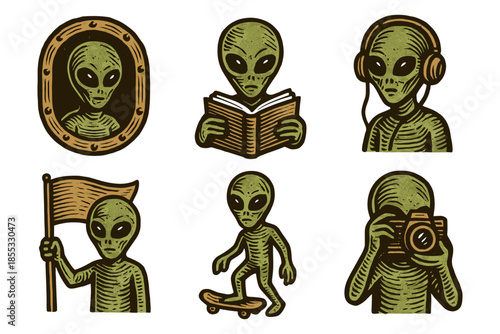 Retro alien characters engaged in everyday activities with vintage style