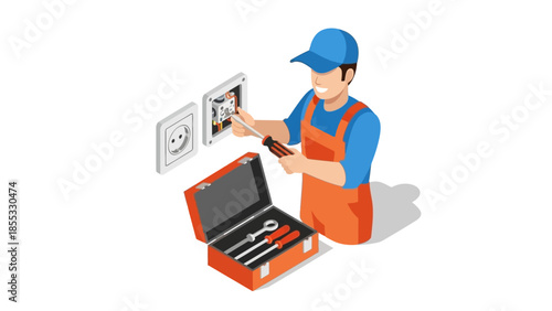 Isometric electrician fixing outlet with toolkit on white background