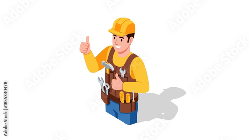 Cheerful construction worker giving thumbs up with tools