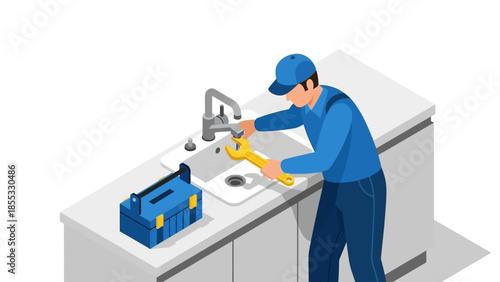 Isometric plumber fixing kitchen sink with toolkit in modern home setting