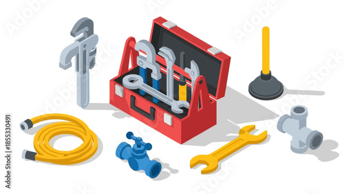 Isometric plumbing tool set with red toolbox and accessories on white background