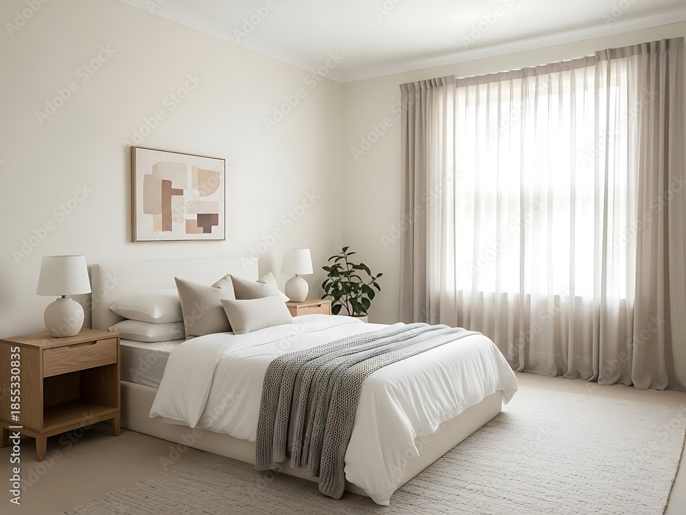 Fototapeta premium Serene bedroom retreat with minimalist decor and soft natural lighting