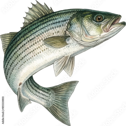 Leaping striped bass. Leaping bass fish. Striped bass illustration. Vector file.