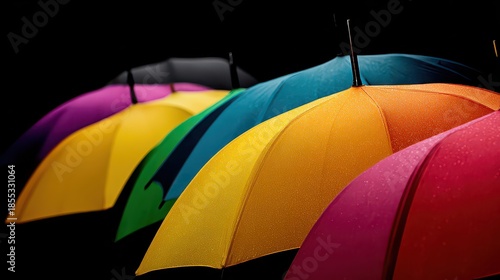 Row of Vibrant Umbrellas with Water Droplets Against Black Backdrop Creating Eye Catching Pattern with Purple Yellow Green Blue Orange and Pink Colors