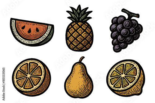 Hand-drawn fruit collection with watermelon, pineapple, grapes, orange, pear, and lemon