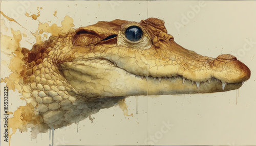 An artistic watercolor illustration of a crocodile's head in profile, executed with highly detailed skin texture and expressive emphasis on the eyes and teeth. 