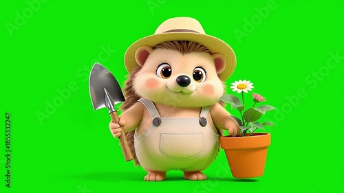 Wallpaper Mural A cartoon hedgehog wearing a hat and holding a shovel stands next to a potted plant against a green screen background Torontodigital.ca