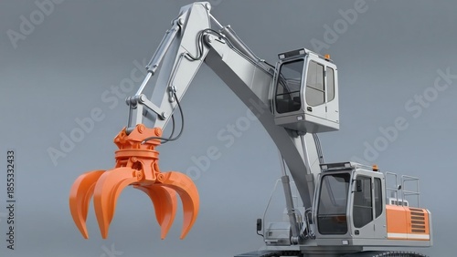 Dynamic 3D Render of an industrial material handler with grapple attachment on a clean background.