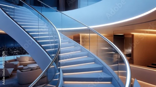 Modern Spiral Staircase with Glass Railing in Luxury Interior