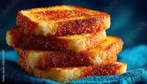 A mouth-watering food photograph of toasted bread slices with a crisp, caramelized crust, stacked on a cloth napkin. 