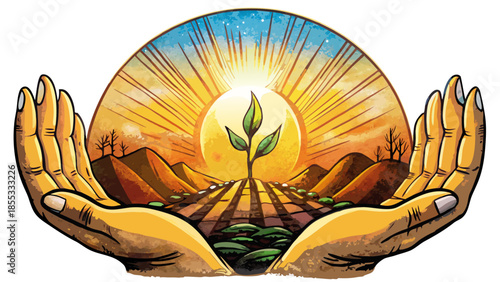 Hands holding a sprout against the backdrop of a sunrise - ecology, nature and sustainable development