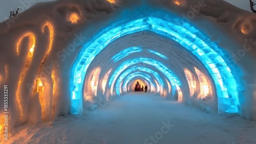 Ice Tunnel Illuminated with Blue and Orange Lights in Snowy Landscape
