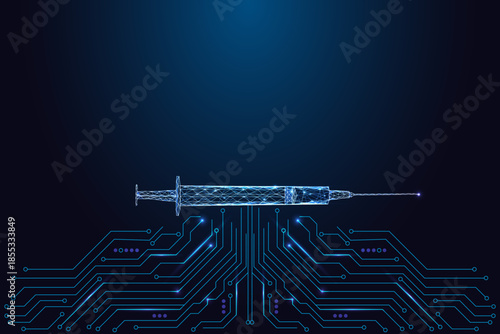 Medical innovation, digital health and biotech concept with glowing syringe above circuit board. 